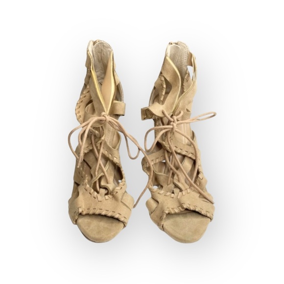 Express 𖣴 Whipstitch Lace Up Heeled Sandals 𖣴 Taupe Vegan Suede 𖣴 7M 𖣴 - Picture 9 of 16